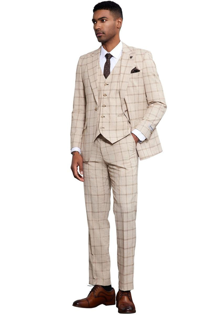 Tan Stacy Adams suit: one-button blazer, peak lapels, windowpane plaid. Includes matching vest and slim-fit trousers. Lightweight fabric.
