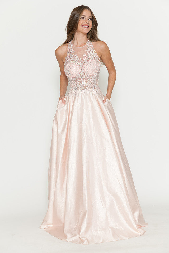 A-Line Gown with Sheer Lace Bodice & Halter Neckline By Lenovia 8181