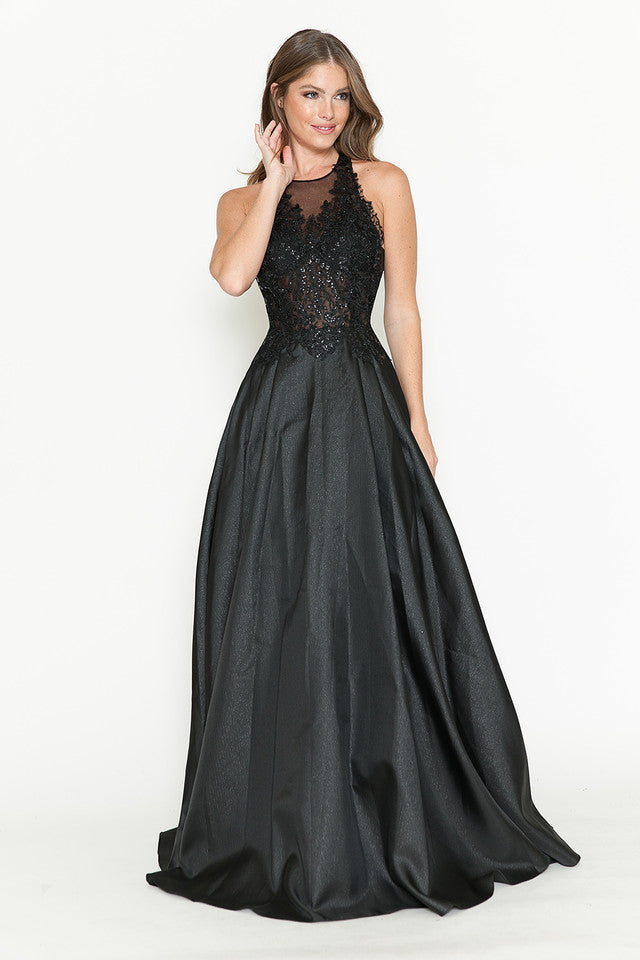A-Line Gown with Sheer Lace Bodice & Halter Neckline By Lenovia 8181