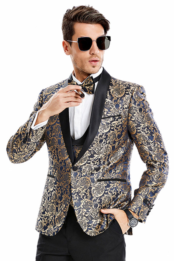 "Men's Navy  & Gold Paisley Shawl Tuxedo - One Button Vested Prom 2025 & Wedding Suit"