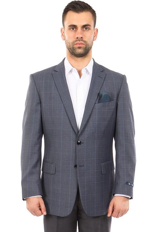 "Blue Grey Windowpane Plaid Men's Sport Coat - Two Button Style"