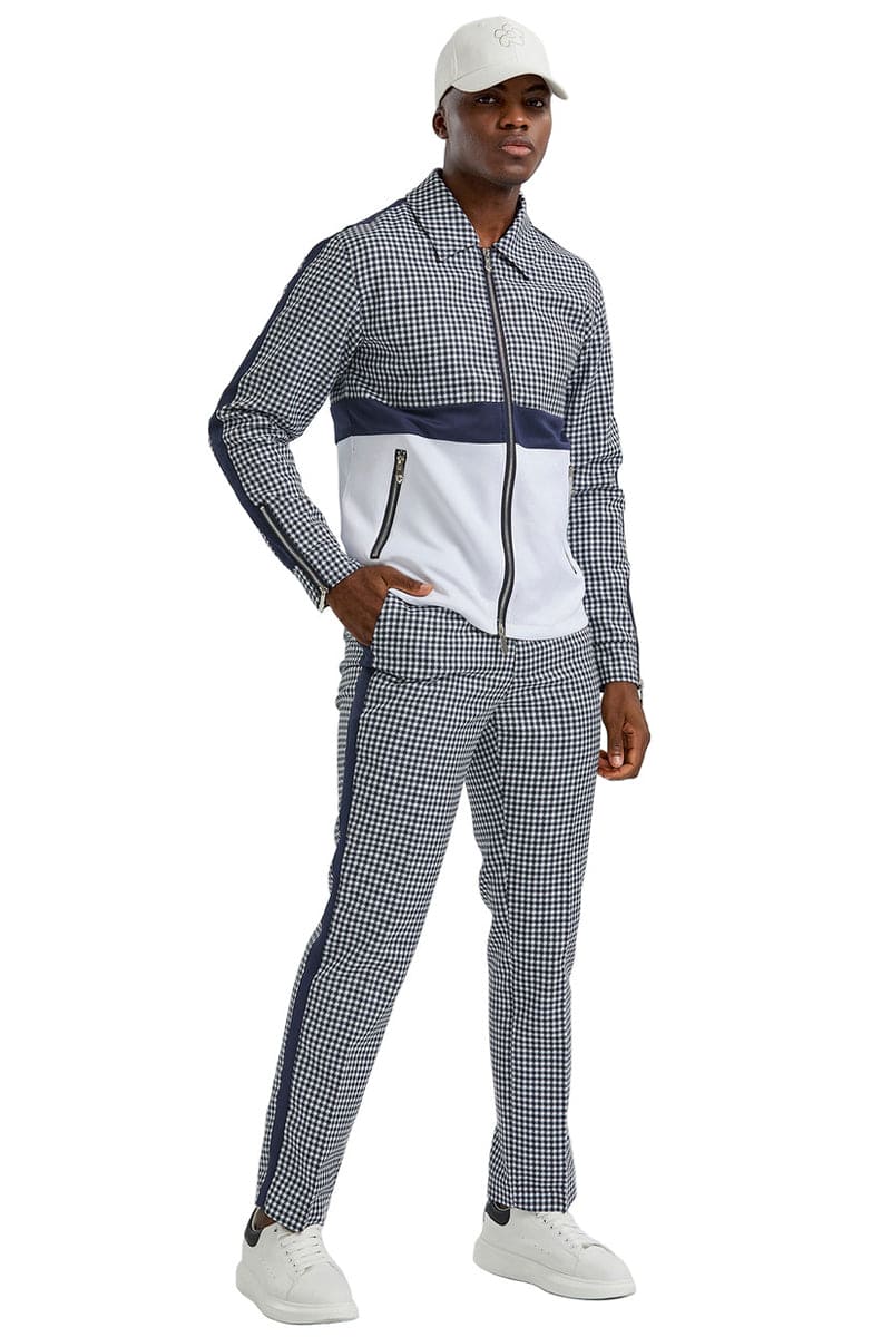 Houndstooth Men's Casual Walking Suit Jacket & Pant Set in Navy Blue