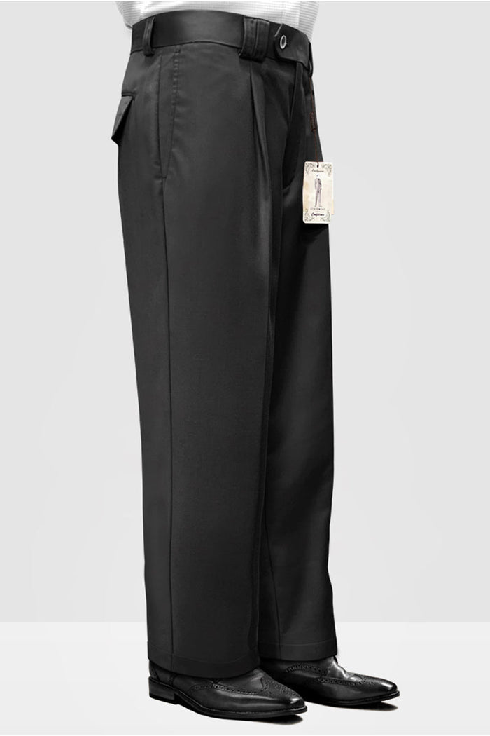Charcoal grey Italian wool wide-leg men's dress pants. Tailored silhouette, front pleats, and straight cut. Features visible belt loop and single side pocket.
