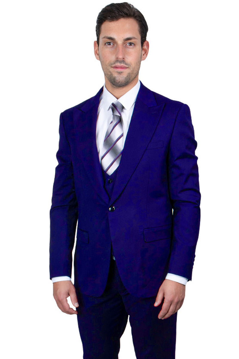 "Mens Stacy Adams Suit - Stacy Adams Suit Men's Indigo Blue Vested One Button Peak Lapel Suit"