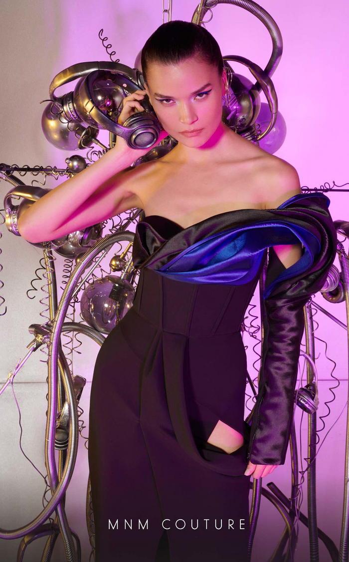 MNM Couture E0042 Blue/Black One-Shoulder Sculpted Sleeve Gown