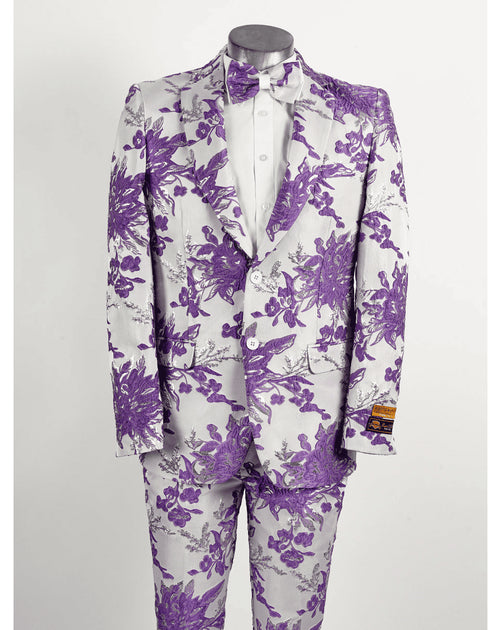 Mens 2 Button White & Lavender Purple Floral Paisley Prom and Wedding Tuxedo