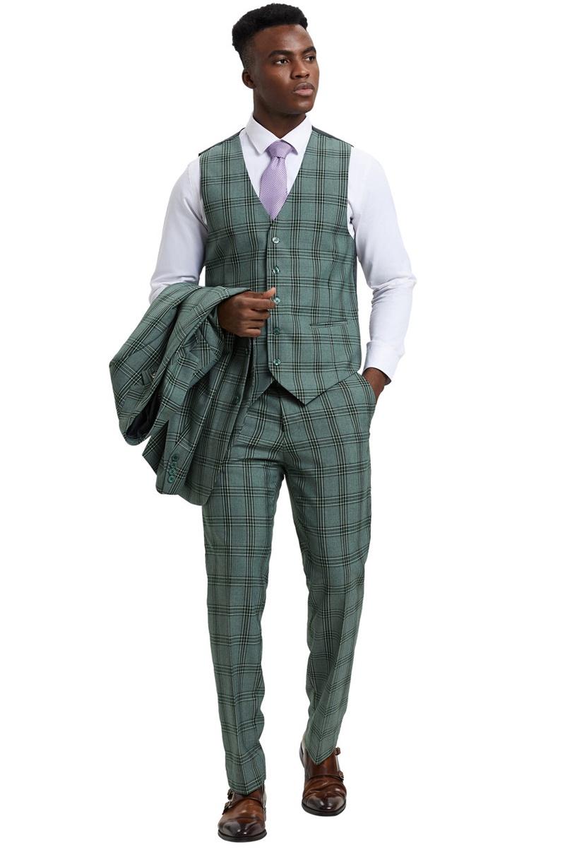 Men's Stacy Adams suit: light olive green glen plaid. Includes a fitted vest (5-button, pockets), tailored, tapered trousers and a matching two-button jacket.
