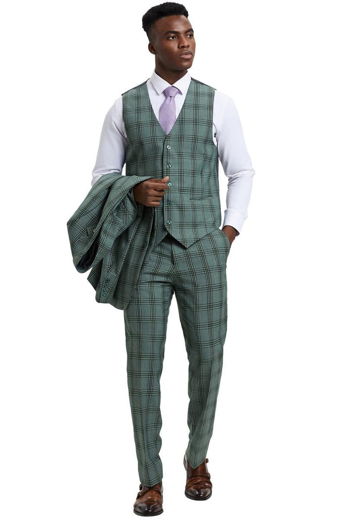 Men's Stacy Adams suit: light olive green glen plaid. Includes a fitted vest (5-button, pockets), tailored, tapered trousers and a matching two-button jacket.
