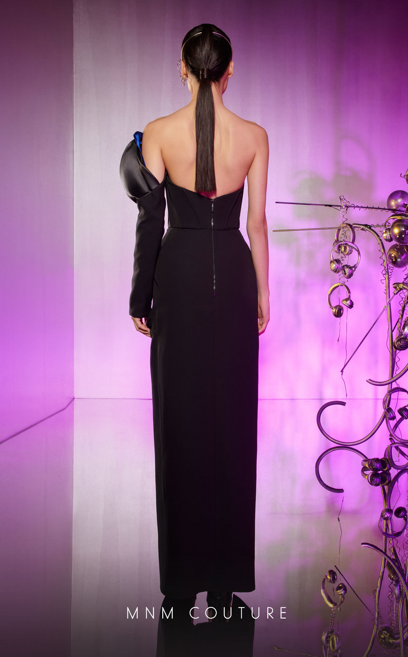 MNM Couture E0042 Blue/Black One-Shoulder Sculpted Sleeve Gown