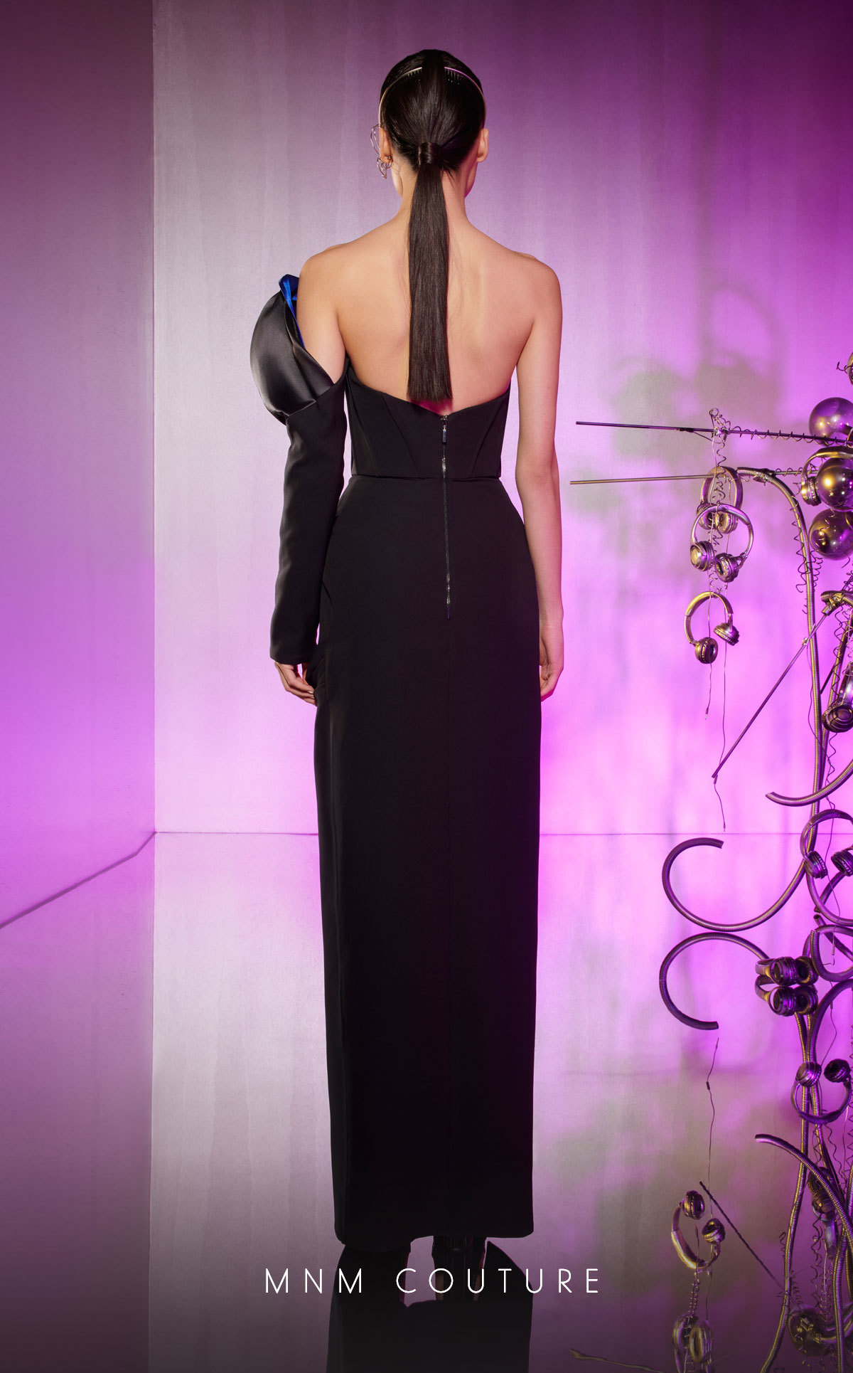 MNM Couture E0042 Blue/Black One-Shoulder Sculpted Sleeve Gown
