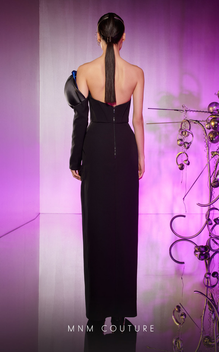 MNM Couture E0042 Blue/Black One-Shoulder Sculpted Sleeve Gown