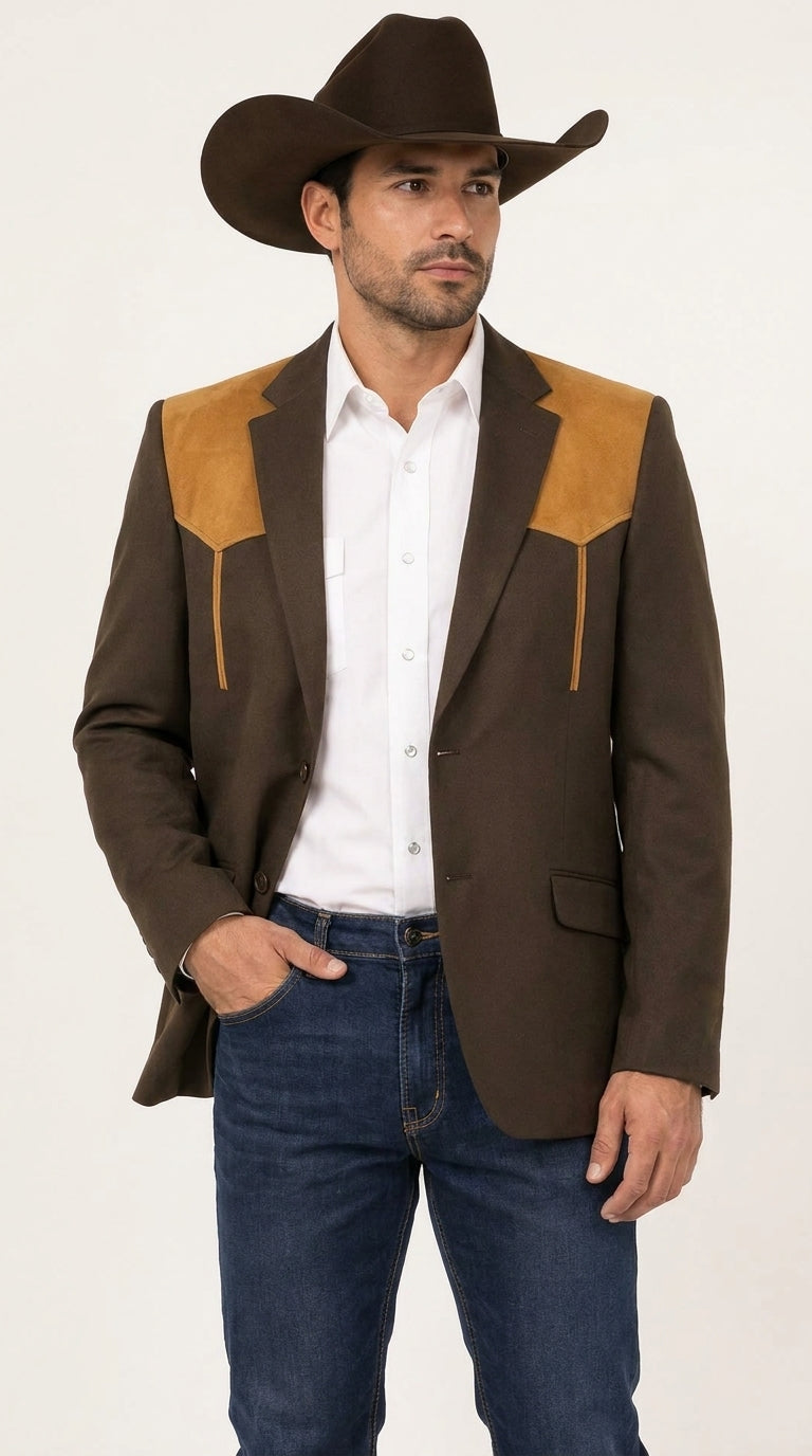 Men’s Chocolate Brown Western Blazer – Cowboy Sport Coat with Tan Suede Yoke for Rodeo & Country Wear