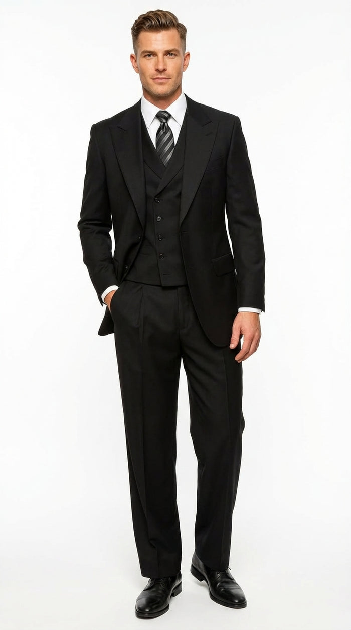 Tiglio Mens Black 3 Piece Suit – Single Button Classic Fit Pleated Wide Leg Pants Formal Business Chruch Suit - 100% Wool