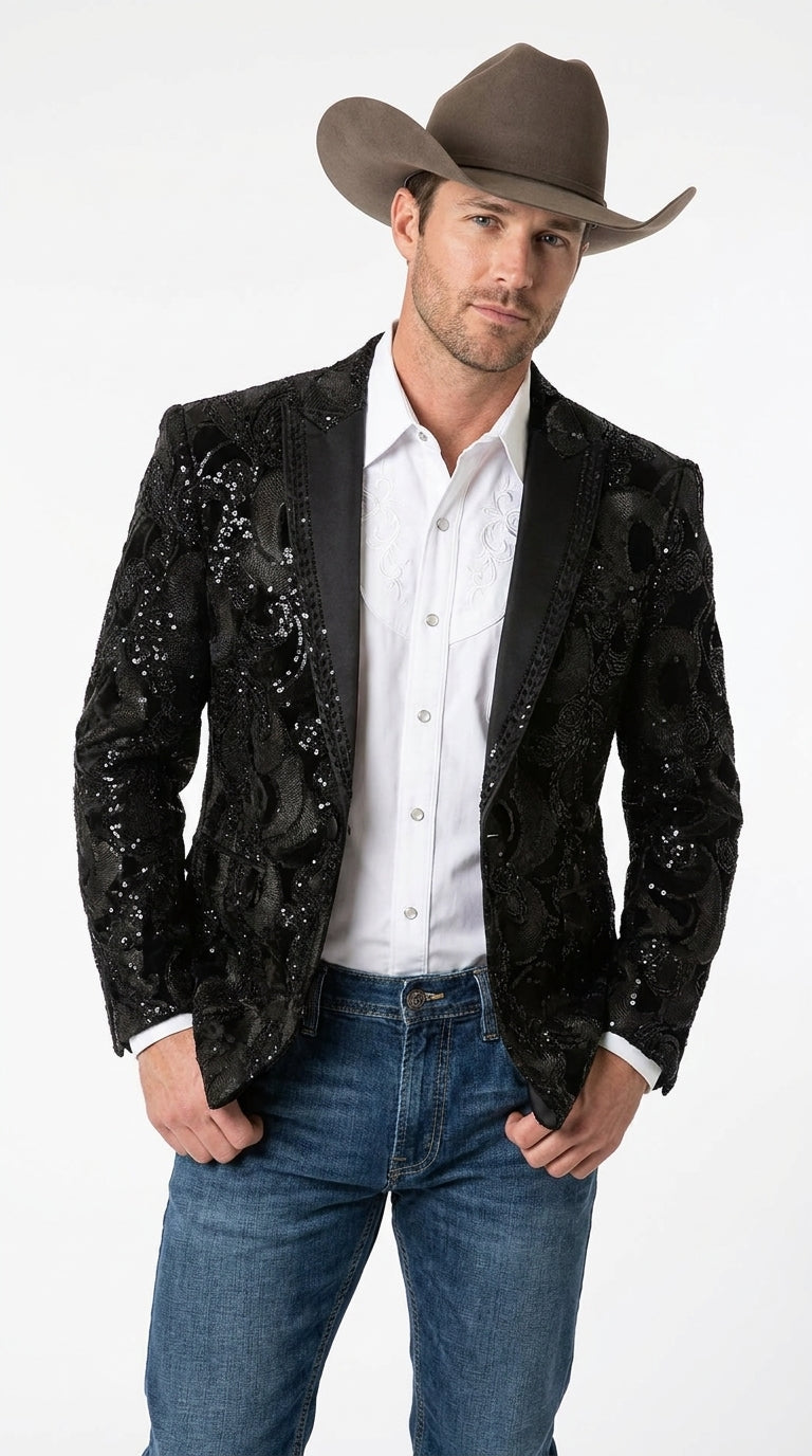 Men’s Black Sequin Western Blazer – Embroidered Cowboy Tuxedo Jacket with Rhinestone Lapels