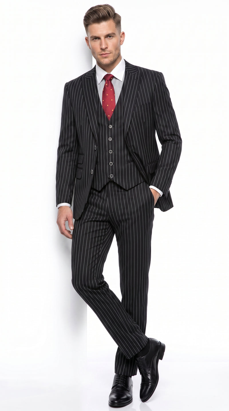 Men’s Gomez Addams Black Pinstripe 3 Piece Suit – Vintage Gangster Gothic Style Suit