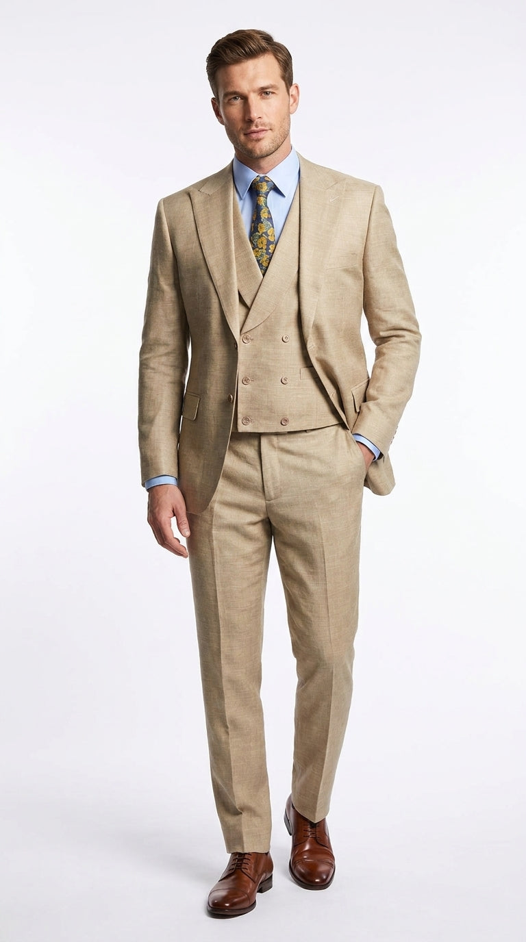 Men’s Great Gatsby Tan Summer Sharkskin 3 Piece – Double Breasted Vest Classic 1920s Groosmen Suit