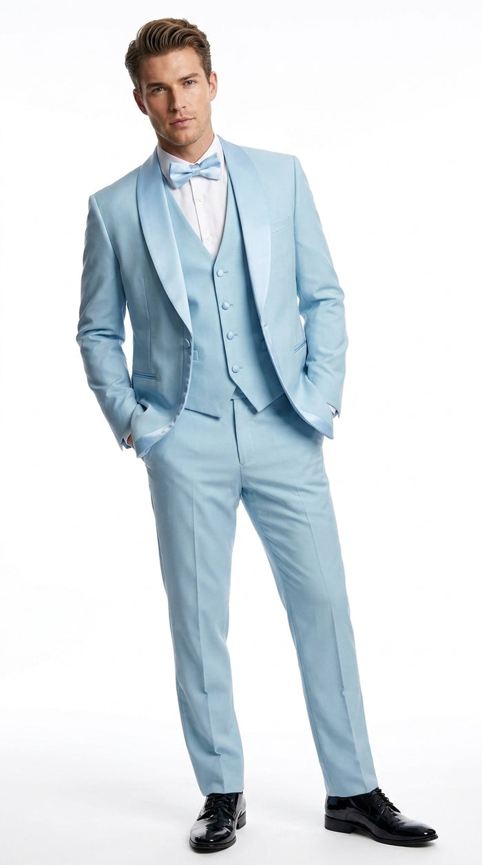 Men’s Powder Blue 3-Piece Tuxedo – Light Blue Wedding & Prom Suit with Vest in Light Blue Sky Color