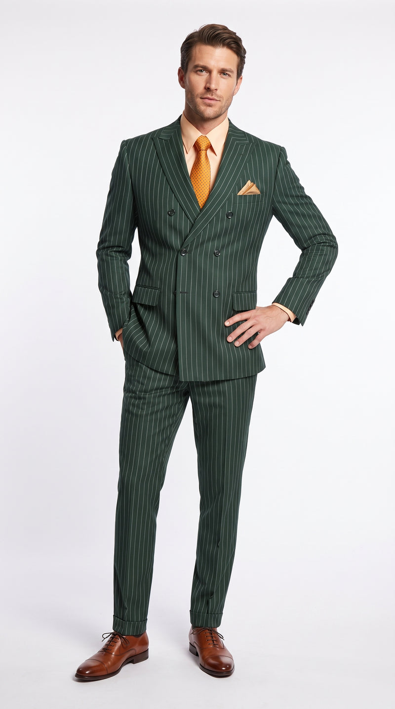 Men’s Hunter Green Pinstripe Double Breasted Suit – Vintage 1920s Great Gatsby Gangster Style