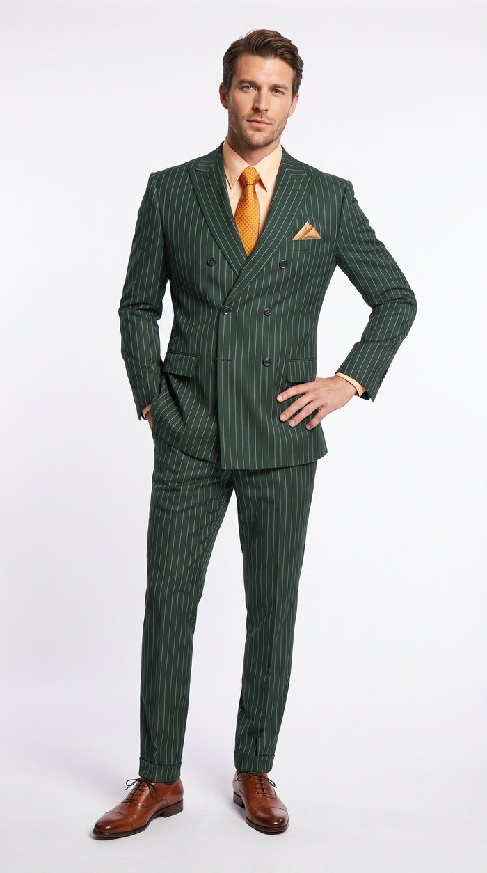 Men’s Hunter Green Pinstripe Double Breasted Suit – Vintage 1920s Great Gatsby Gangster Style