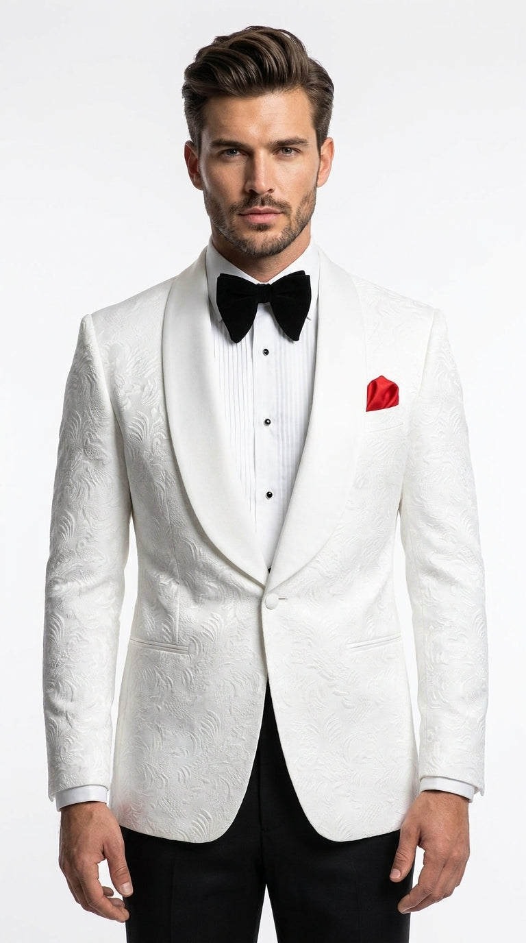 Men’s White Floral Tuxedo Jacket – Shawl Lapel Wedding & Prom Dinner Jacket