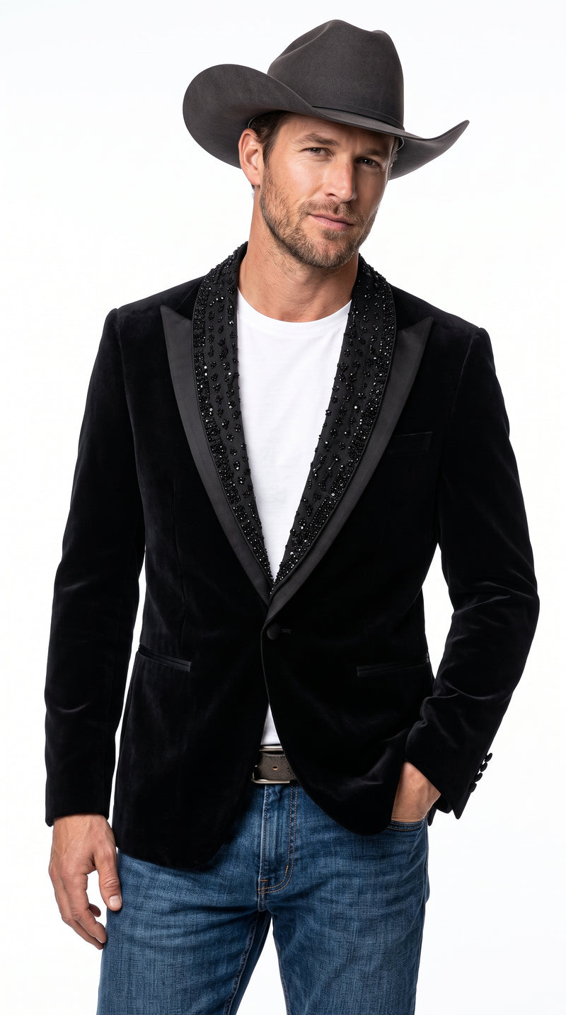 Men’s Black Velvet Western Blazer – Rhinestone Formal Cowboy Sport Jacket Removable Rhinestone Glitter Lapel