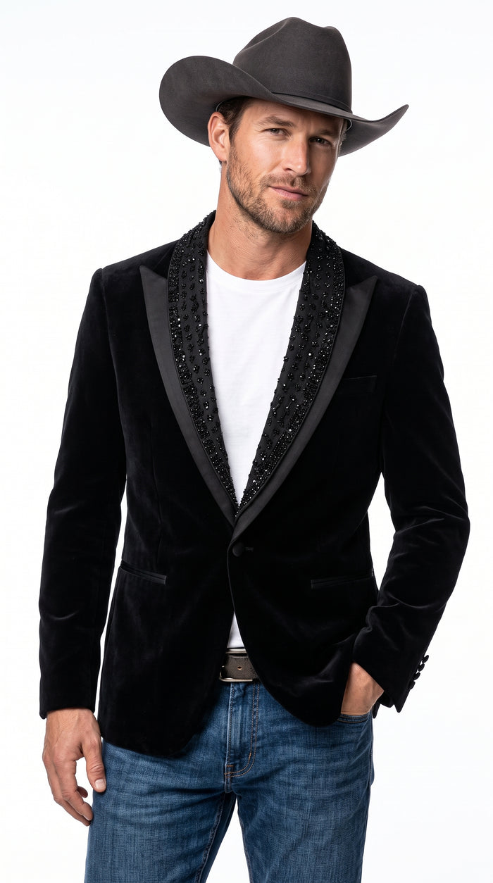 Men’s Black Velvet Western Blazer – Rhinestone Formal Cowboy Sport Jacket Removable Rhinestone Glitter Lapel