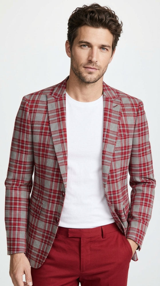 Men's Red Tartan Plaid Blazer Checkered Sport Coat Holiday New Year Gray Windowpane