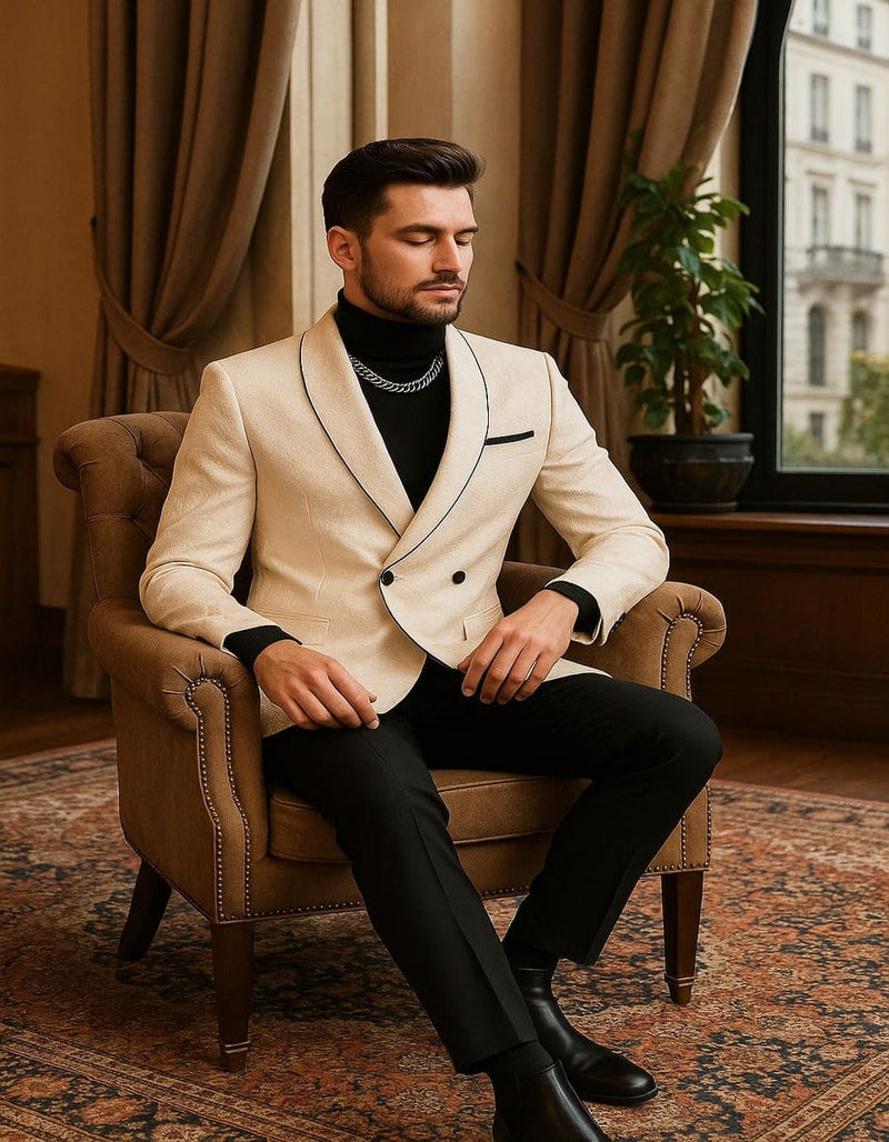 Mens Cream Jacquard Double-Breasted Tuxedo with Black Trim  Formal Blazer for Weddings & Events Ivory Color