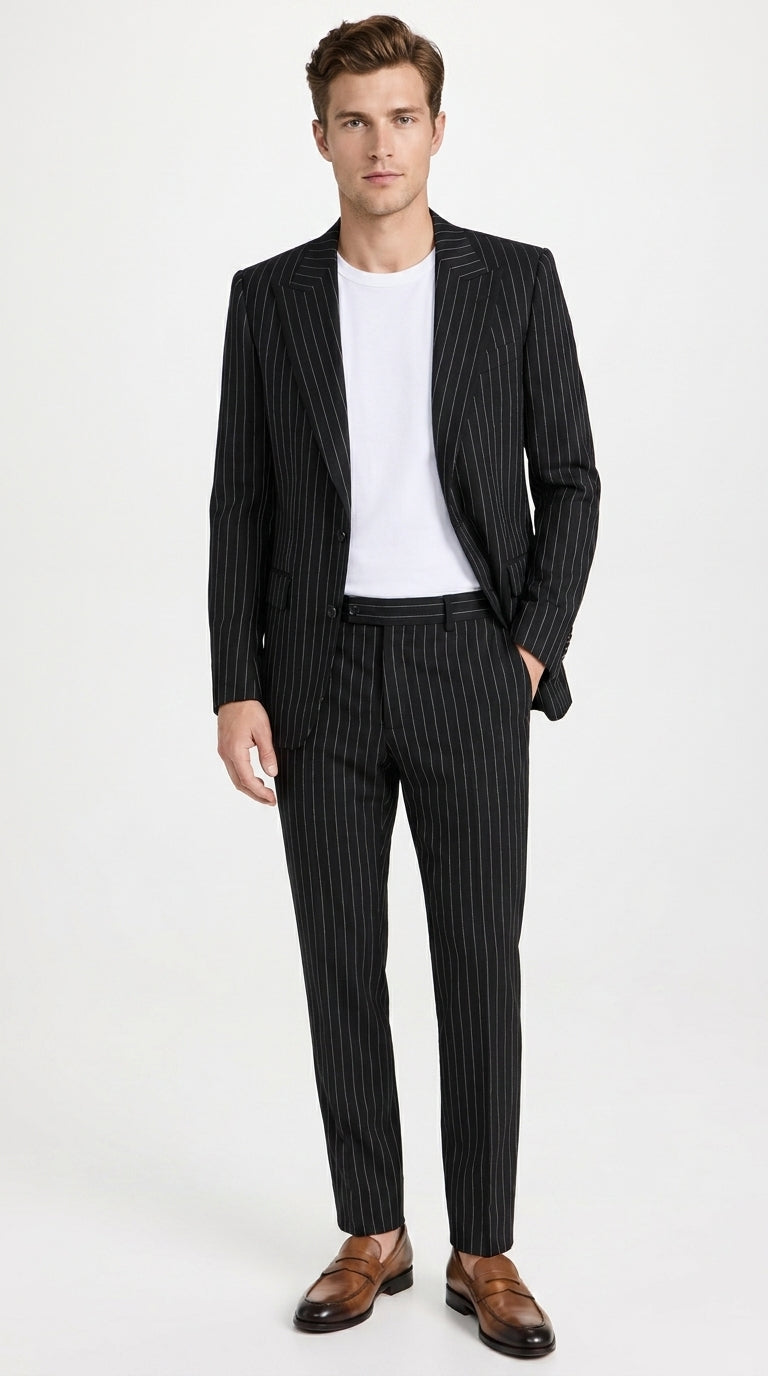 Men’s Black Pinstripe 2-Piece Tuxedo Suit – Two-Button Jacket and Matching Formal Pants