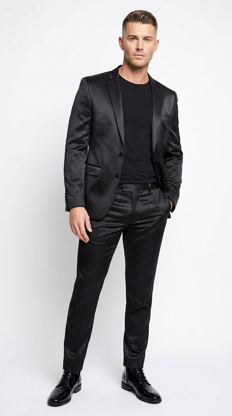 Men’s Black Shiny Sharkskin 2 Piece Suit, Formal Wedding Prom Party Dress Suit