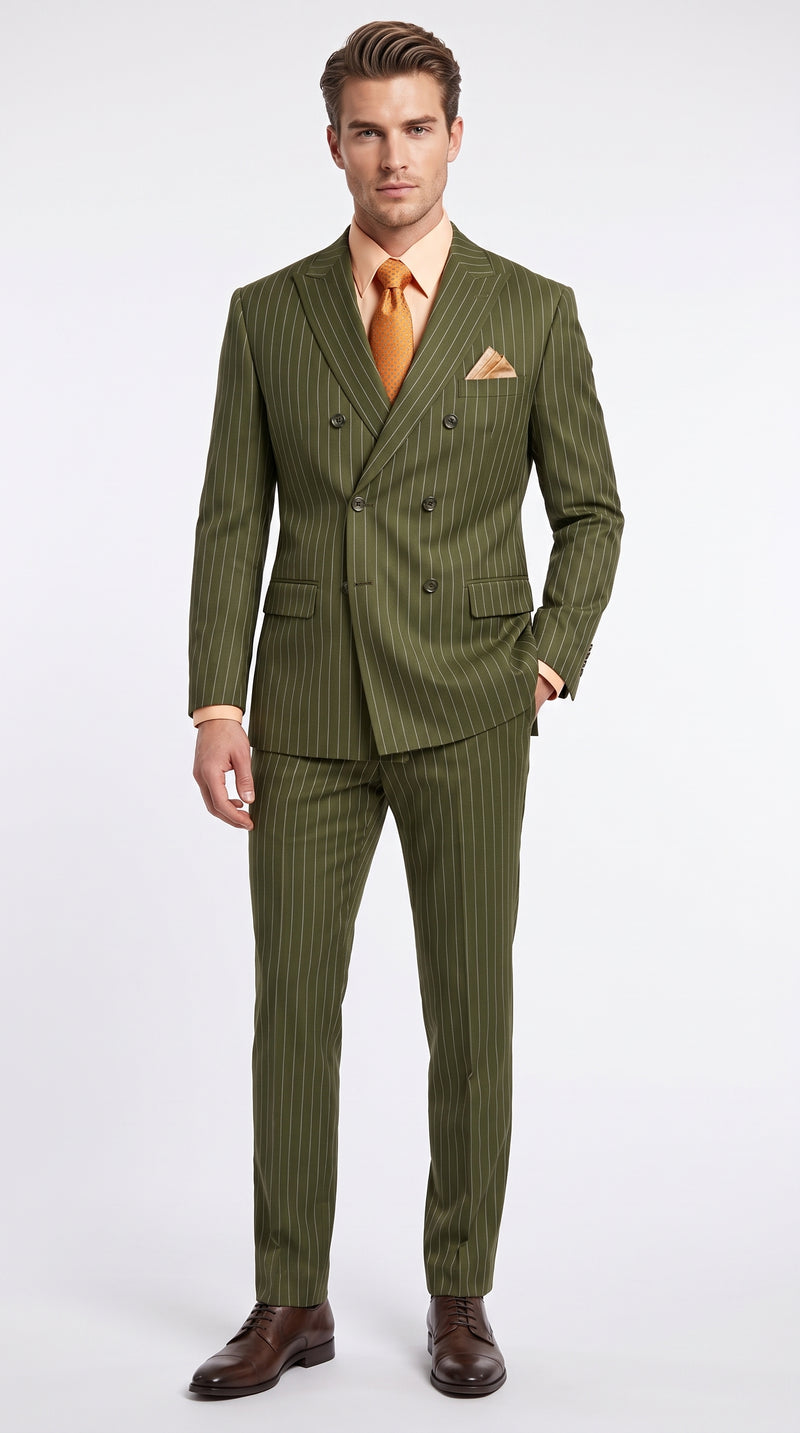 Men’s Olive Green Pinstripe Double-Breasted Suit – Classic Wedding, Business and Formal Suit
