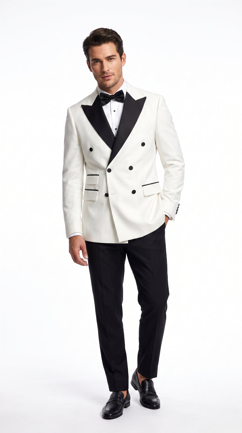 Men’s Vintage Hollywood Ivory Double-Breasted Tuxedo – Black Peak Lapel Wedding and Formal Suit
