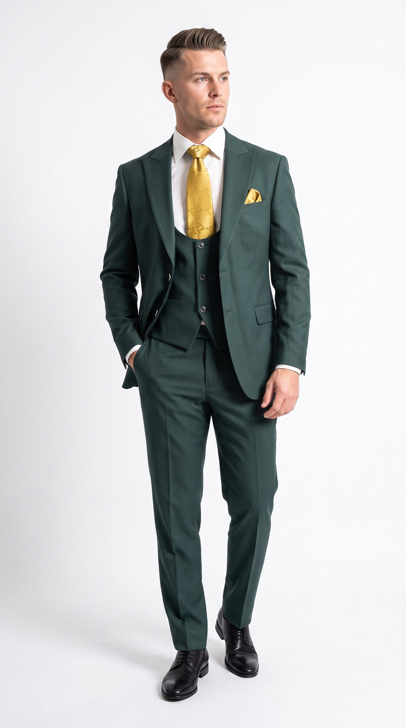Mens Vitali 3 Piece Suit W/Scoop Vest Hunter Green 3-Piece Suit –, Big Peak Lapel  Vest and Pants  Modern Fit Two Buttons