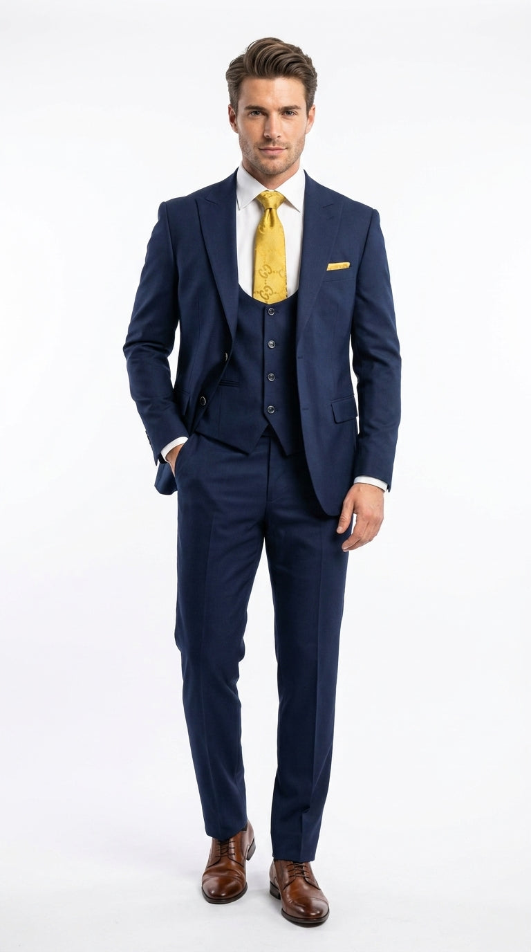 Mens Vitali 3 Piece Suit W/Scoop Vest Navy Blue 3-Piece Suit – Big Peak Lapel  Vest and Pants  Modern Fit Two Buttons