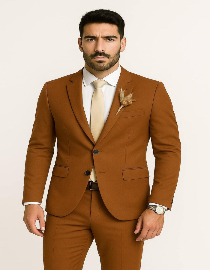 Mens Rust Brown Wedding Suit - Modern Slim Fit Groom Suit for Fall Outdoor Ceremonies