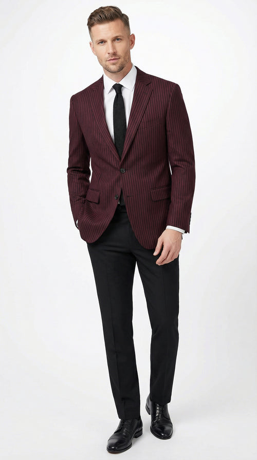 Men’s Burgundy Pinstripe Blazer – Classic Tailored Formal Jacket for Business, Office and Evening Wear