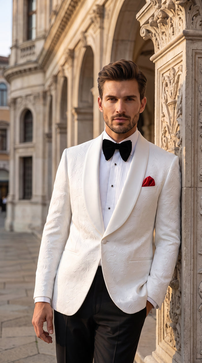 Men’s White Floral Tuxedo Jacket – Shawl Lapel Wedding & Prom Dinner Jacket