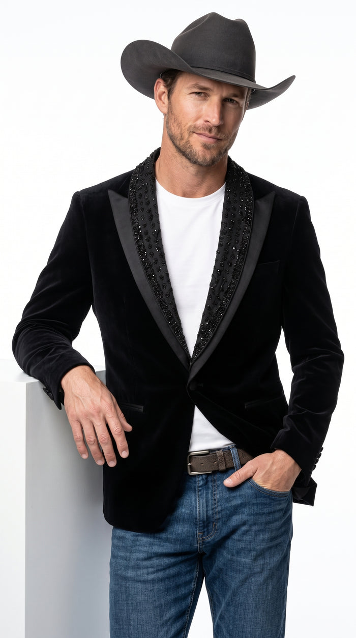 Men’s Black Velvet Western Blazer – Rhinestone Formal Cowboy Sport Jacket Removable Rhinestone Glitter Lapel