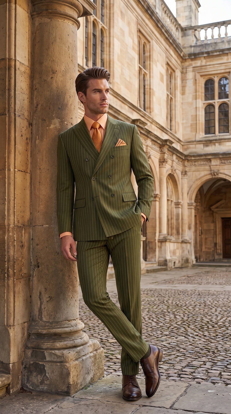Men’s Olive Green Pinstripe Double-Breasted Suit – Classic Wedding, Business and Formal Suit