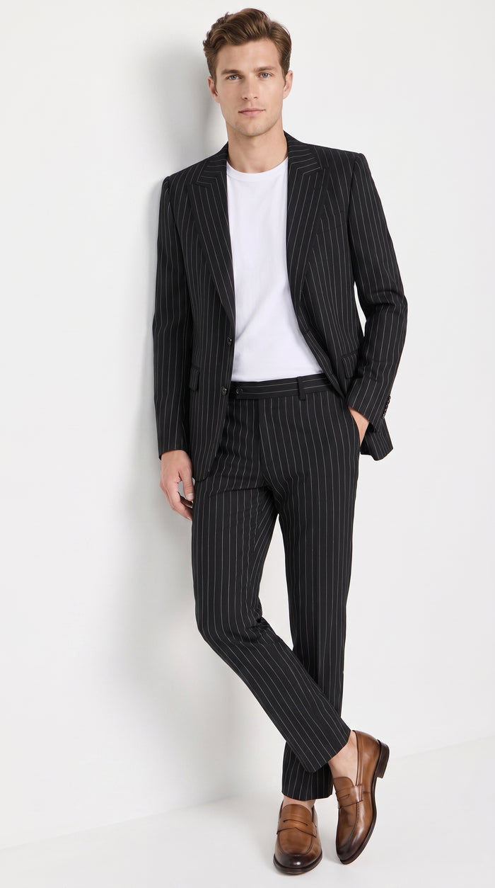Men’s Black Pinstripe 2-Piece Tuxedo Suit – Two-Button Jacket and Matching Formal Pants