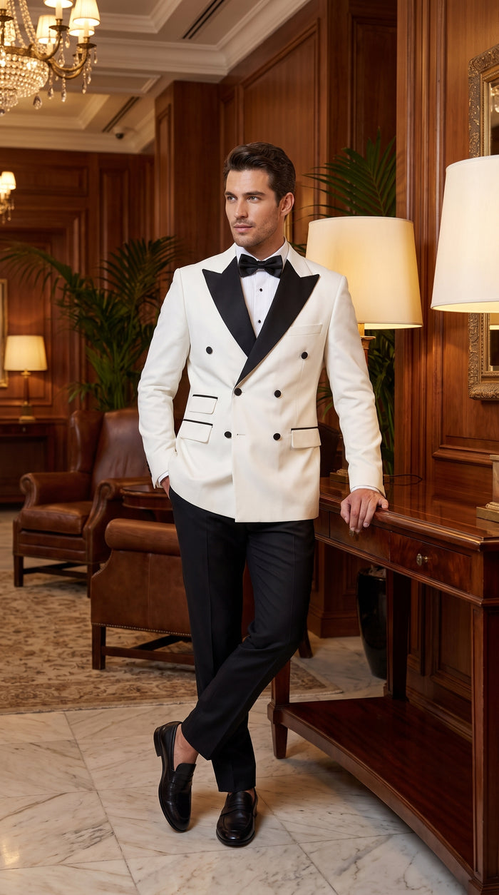Men’s Vintage Hollywood Ivory Double-Breasted Tuxedo – Black Peak Lapel Wedding and Formal Suit