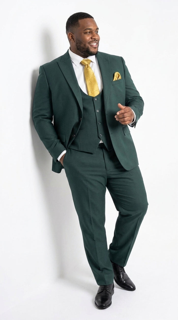 Mens Vitali 3 Piece Suit W/Scoop Vest Hunter Green 3-Piece Suit –, Big Peak Lapel  Vest and Pants  Modern Fit Two Buttons