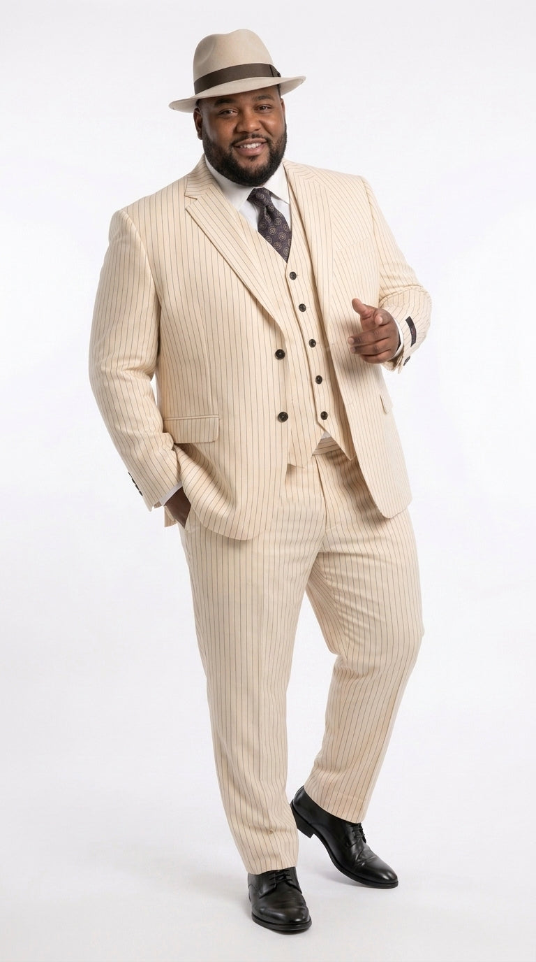 Men’s Ivory Cream Pinstripe Scarface Suit – Vintage Gangster Modern Fit 3-Piece Wedding Suit