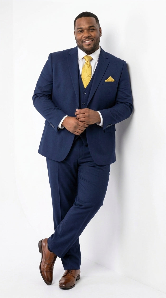 Mens Vitali 3 Piece Suit W/Scoop Vest Navy Blue 3-Piece Suit – Big Peak Lapel  Vest and Pants  Modern Fit Two Buttons