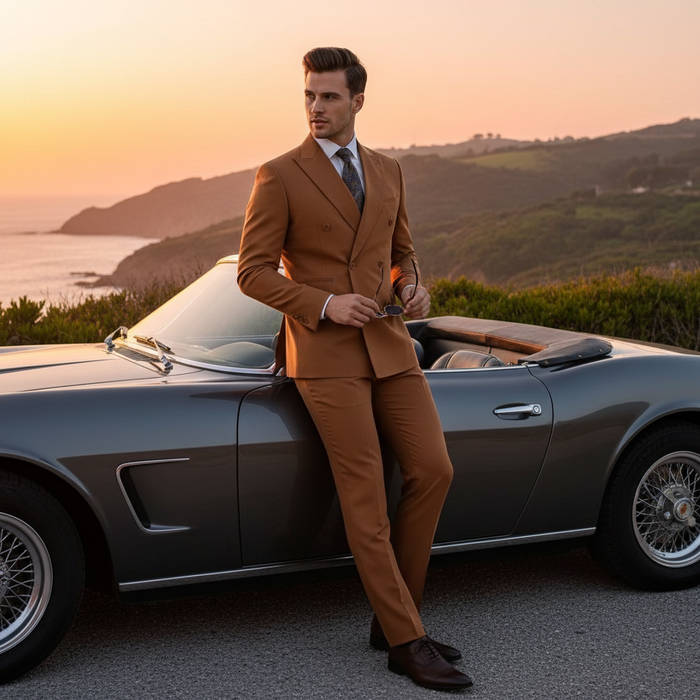 Vitali men's rust orange-brown slim-fit suit by Alberto Nardoni. Double-breasted, tailored silhouette with structured shoulders and peak lapels. Smooth fabric, matching slim trousers, cohesive color.

