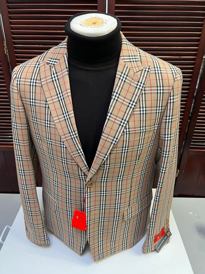 Beige checkered blazer with a tan plaid sport coat design and camel windowpane pattern. Features black and red intersecting lines, single-button closure, notched lapels, two front pockets, tailored sleeves, and a structured hem.
