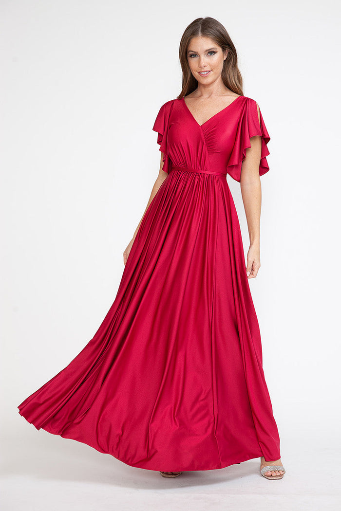 Lenovia 5277 Ruffled Short Sleeve V-Neck Stretch Dress