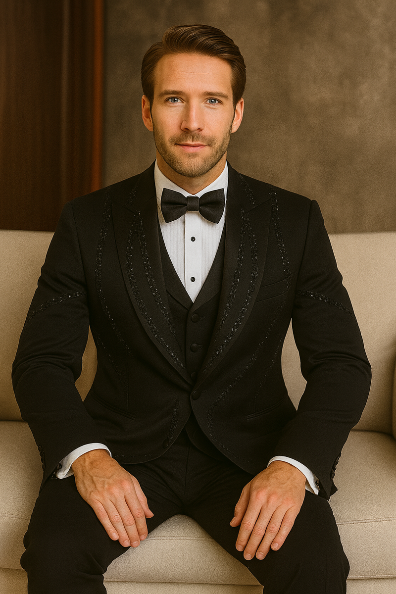 Modern fit black Italian wool tuxedo. 3-piece set: fitted jacket (decorative stitching), matching vest, and slim-fit trousers. Cohesive black color.