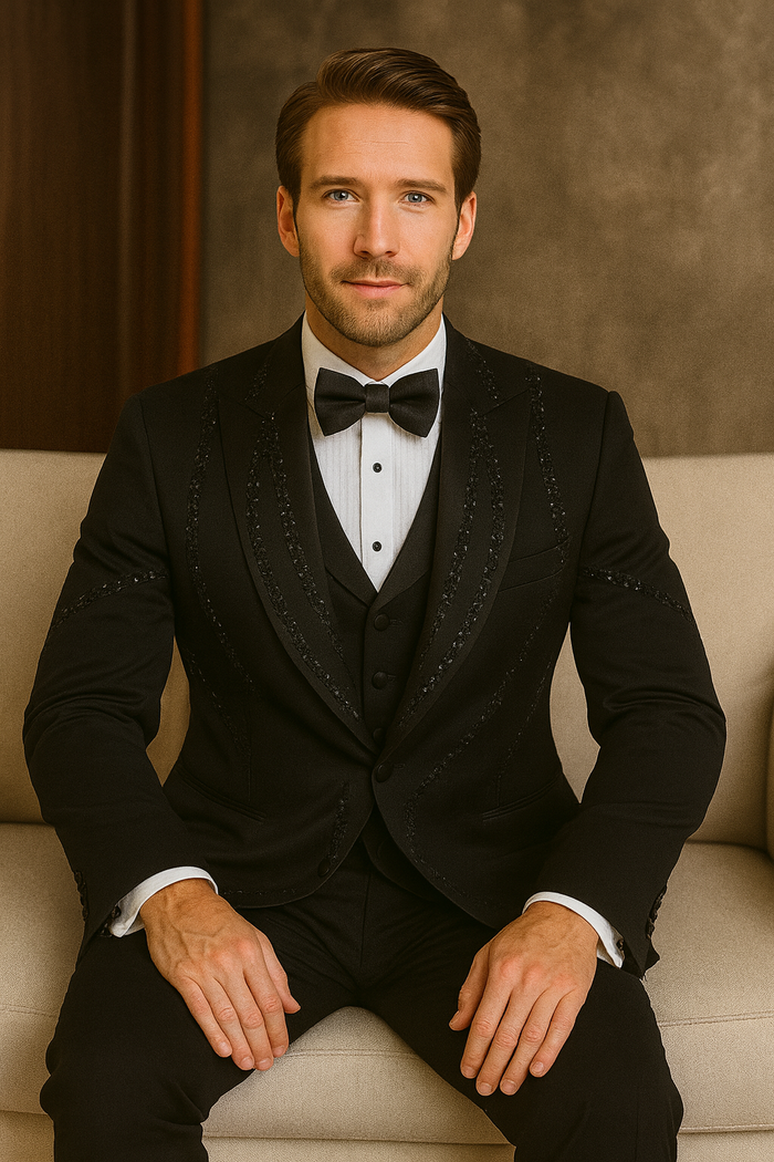 Modern fit black Italian wool tuxedo. 3-piece set: fitted jacket (decorative stitching), matching vest, and slim-fit trousers. Cohesive black color.