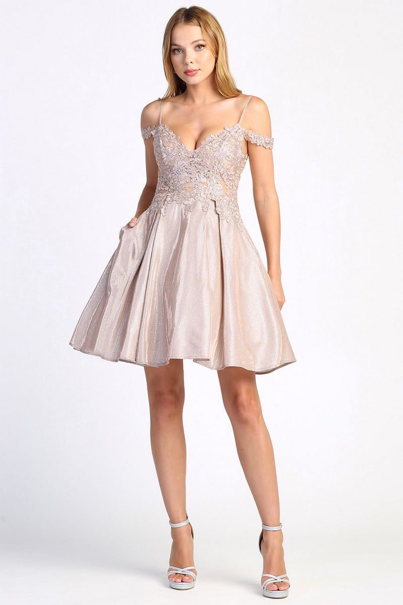 Adora Design 1010 Off Shoulder Metallic Glitter Homecoming Dress